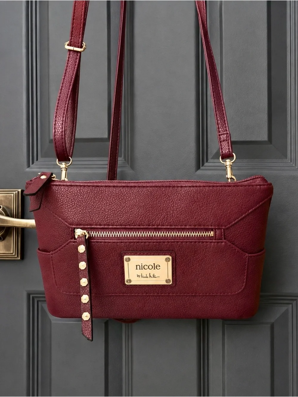 Nicole by Nicole Miller Wine Red Crossbody Bag with Gold Hardware